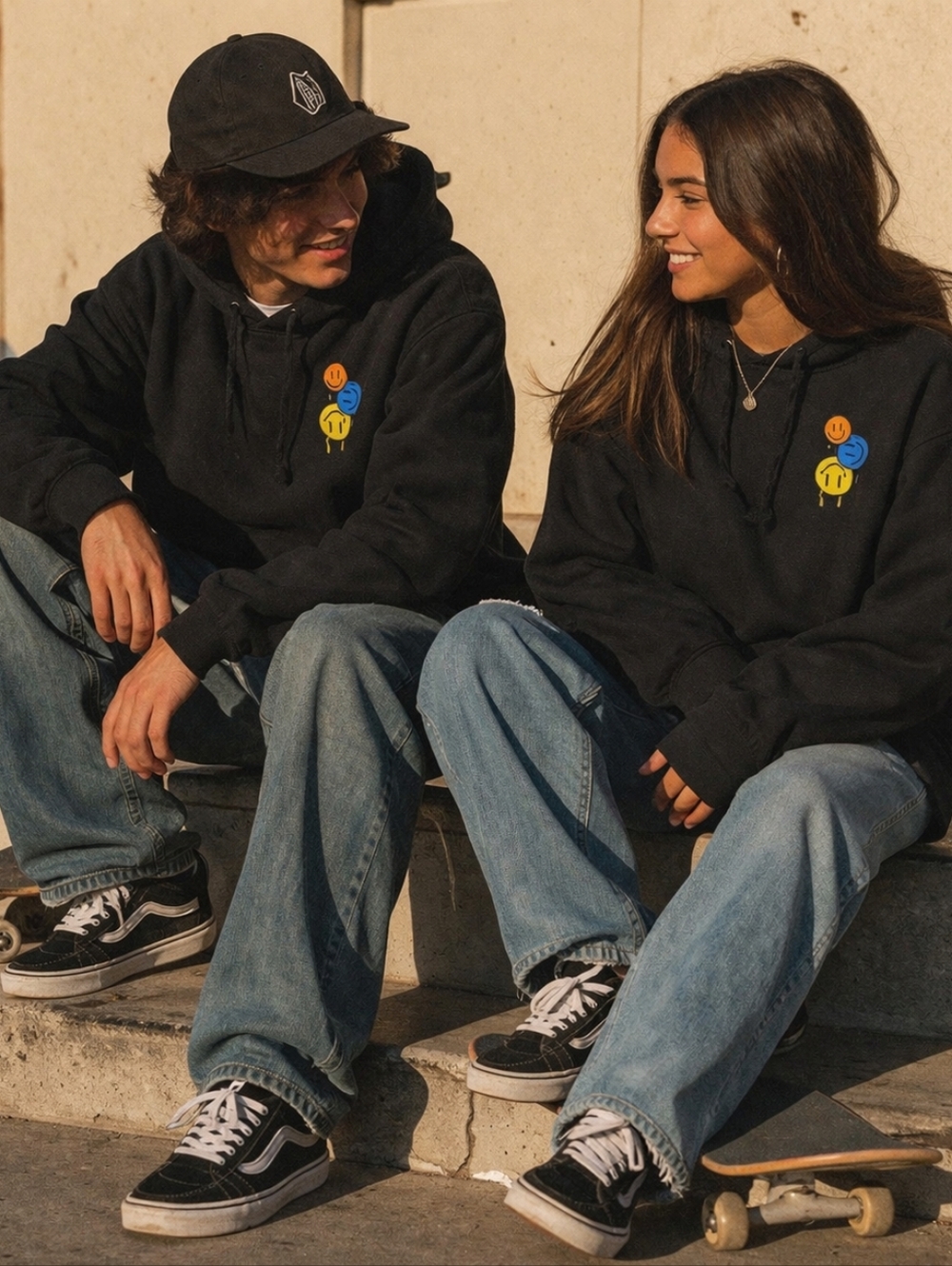 Denim‎ Civilization Black Hoodie with Melting Triple Smiley Face Embroidery